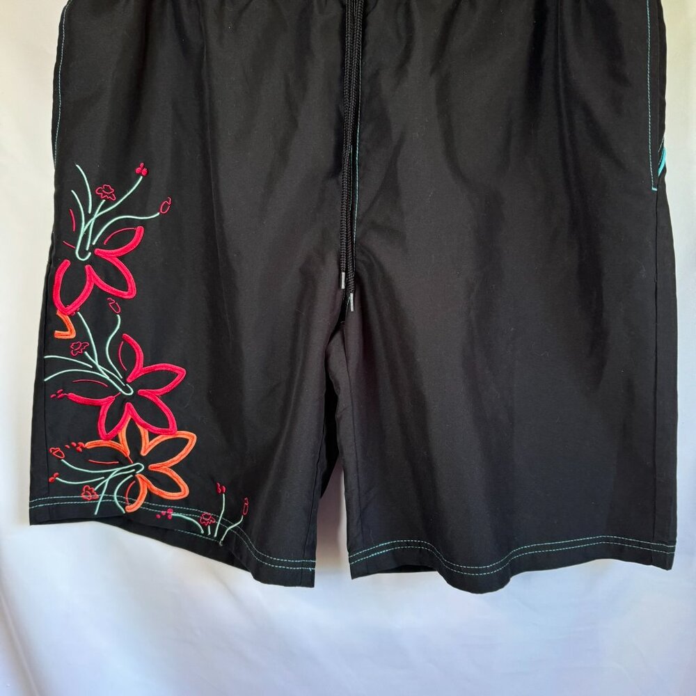 Sun Man Embroidered Swim Shorts Mens XL Jet Black/Teal